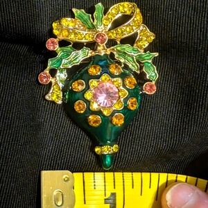 Vintage Macy's Holiday Lane Rhinestone Enamel Ornament Brooch Green Pink Gold